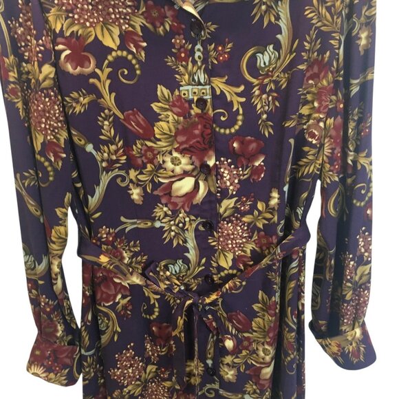 Old Money Classic Shirt Dress Womens 10 Purple Floral Button Belted Rayon - Picture 1 of 15